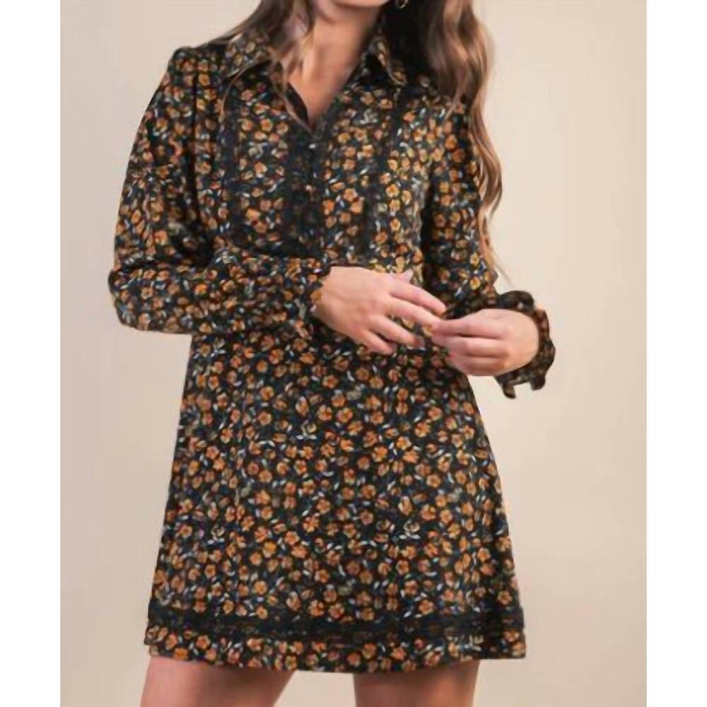 NEW VERY J floral printed lace trim collared mini dress in black mix